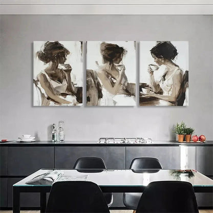 3pcs Elegant Woman Drinking Coffee Perfect Wall Art Set Canvas Framed 40x60cm - High Quality Print 100% Australian Made Wall Canvas Ready to Hang