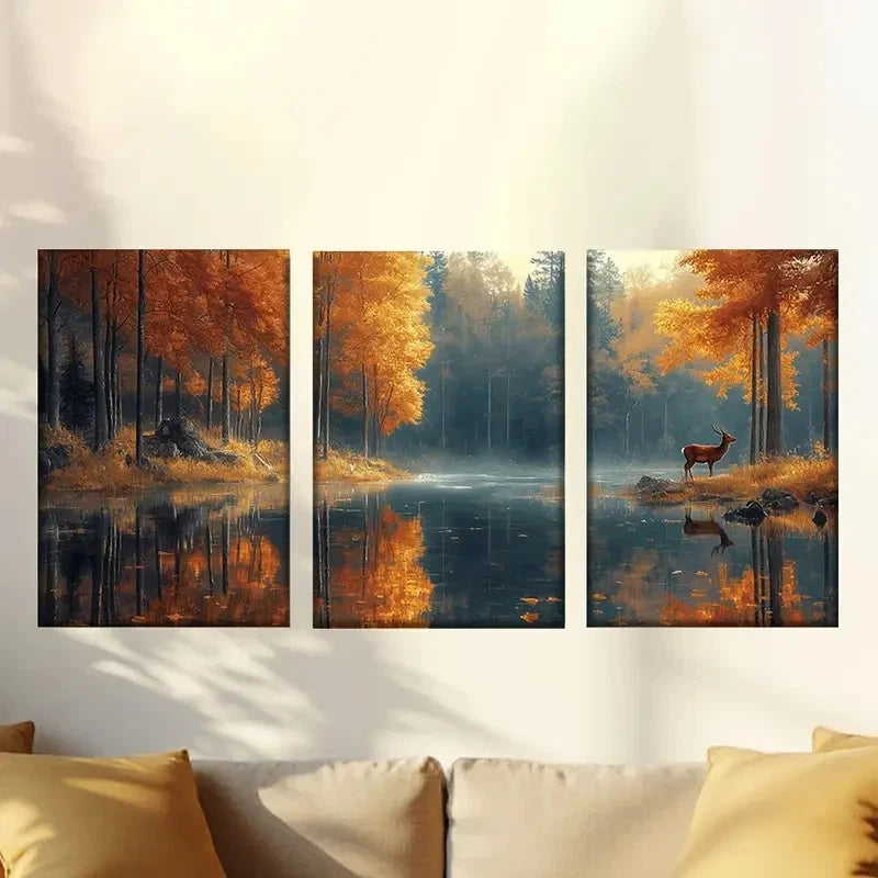 3pcs Autumn Forest Lake Deer Wall Art Set Canvas Framed 60x90cm - High Quality Print 100% Australian Made Wall Canvas Ready to Hang