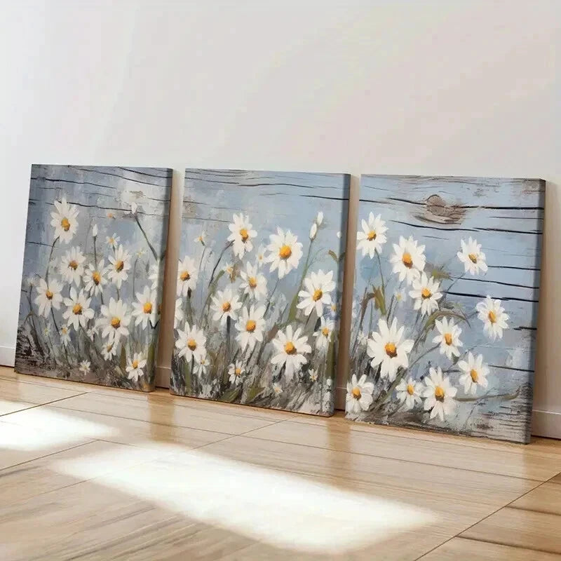 3pcs Blue Background with White & Yellow Petals Wall Art Set Canvas Framed 40x60cm - High Quality Print 100% Australian Made Wall Canvas Ready to Hang