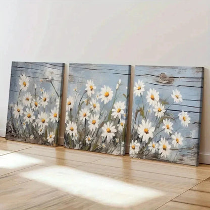 3pcs Blue Background with White & Yellow Petals Wall Art Set Canvas Framed 40x60cm - High Quality Print 100% Australian Made Wall Canvas Ready to Hang