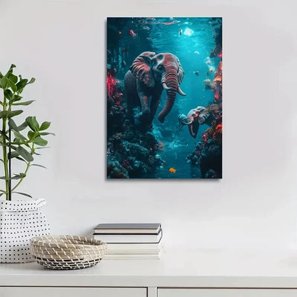 Cyberpunk Elephant Underwater Scene Painting 40x60cm Metal Print Ready to Hang