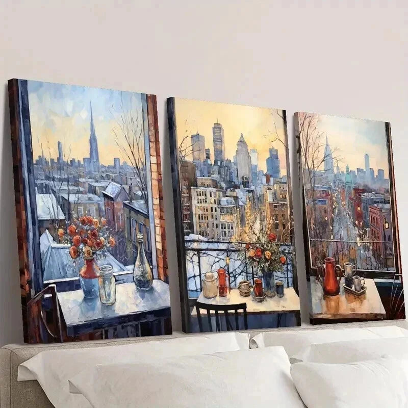 3pcs Chicago Winter Cityscape Window View Wall Art Set Canvas Framed 50x70cm - High Quality Print 100% Australian Made Wall Canvas Ready to Hang