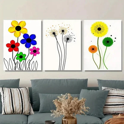 3pcs Vibrant Floral & Dandelion Colorful Flower Wall Art Set Canvas Framed 50x70cm - High Quality Print 100% Australian Made Wall Canvas Ready to Hang