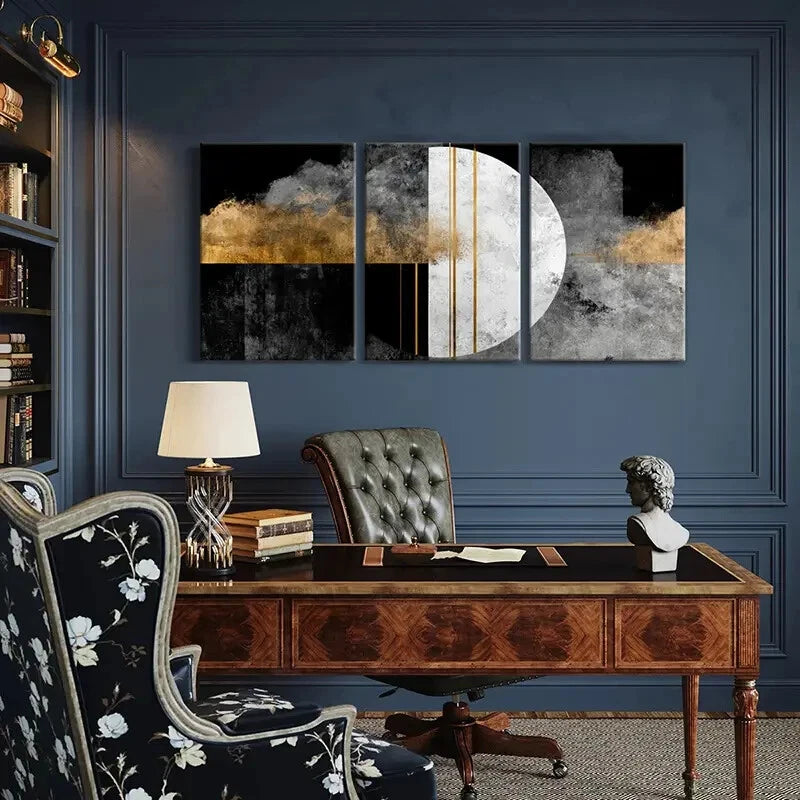 3pcs Geometric Marble Texture Golden Lines Metal Print Ready to Hang Art