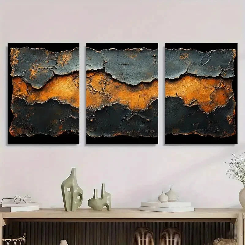 3pcs Brown and Black Abstract Painting Metal Print Ready to Hang Art