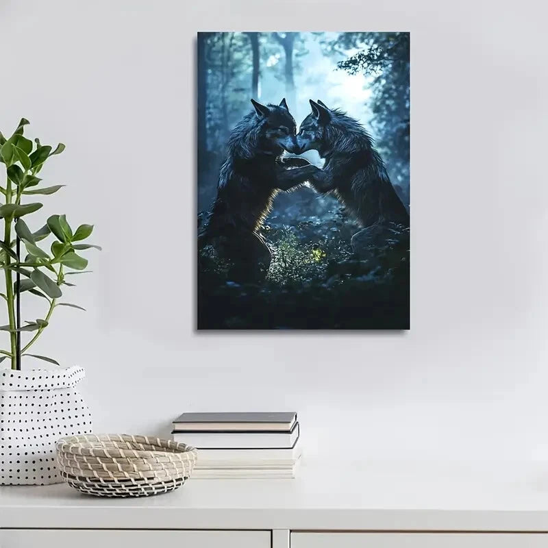 Wolf Wrestling in Magical Forest Painting 40x60cm Metal Print Ready to Hang