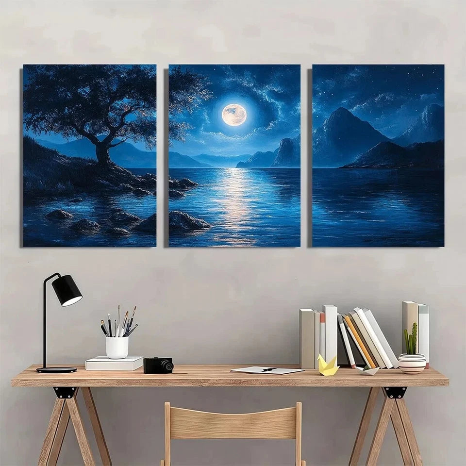 3pcs Full Moon Pine Trees & Mountain Silhouettes Metal Print Ready to Hang Art