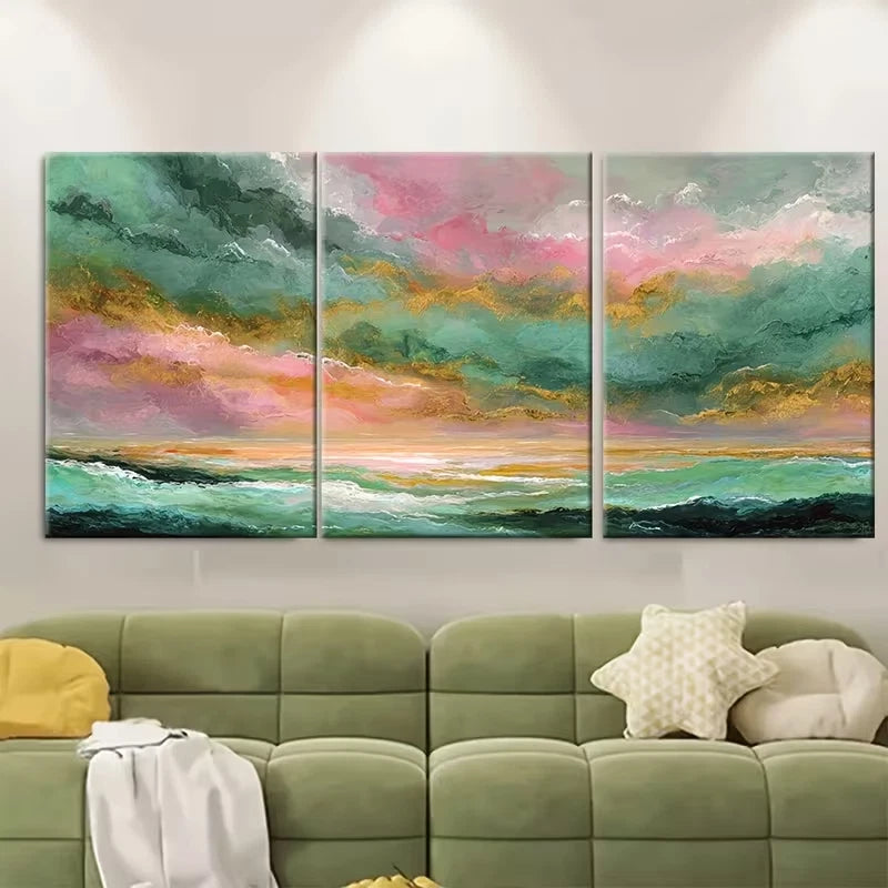 3pcs Golden Sunshine Sky Sea Painting Metal Print Ready to Hang Art