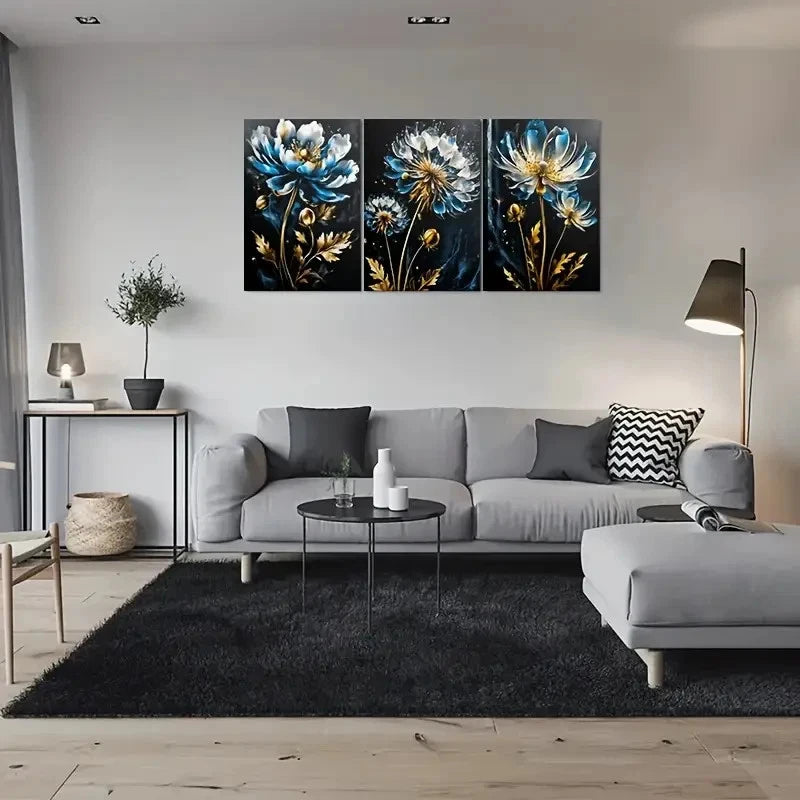 3pcs Blue and Golden Flowers Wall Art Set Canvas Framed 40x60cm - High Quality Print 100% Australian Made Wall Canvas Ready to Hang