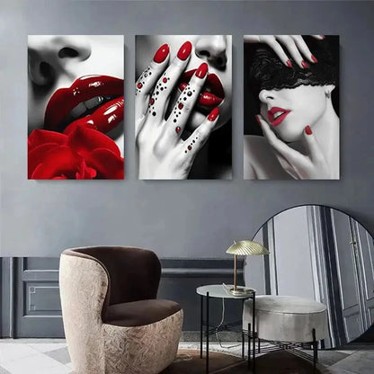 3pcs Red Lips And Nails Abstract Modern Perfect Wall Art Set Canvas Framed 40x60cm - High Quality Print 100% Australian Made Wall Canvas Ready to Hang