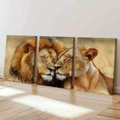 3pcs Lion & Lioness Couple Nature Serenity Wall Art Set Canvas Framed 40x60cm - High Quality Print 100% Australian Made Wall Canvas Ready to Hang