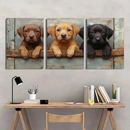 3pcs Vintage Farmhouse Puppies Peeking Over Fence Metal Print Ready to Hang Art