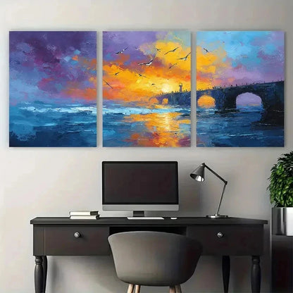 3pcs Bridge And Seagulls Sunrise Perfect Wall Art Set Canvas Framed 40x60cm - High Quality Print 100% Australian Made Wall Canvas Ready to Hang