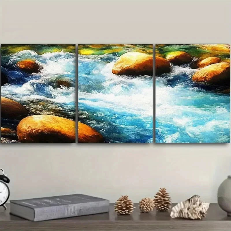 3pcs River Water Flows Over Ancient Stones Wall Art Set Canvas Framed 40x60cm - High Quality Print 100% Australian Made Wall Canvas Ready to Hang