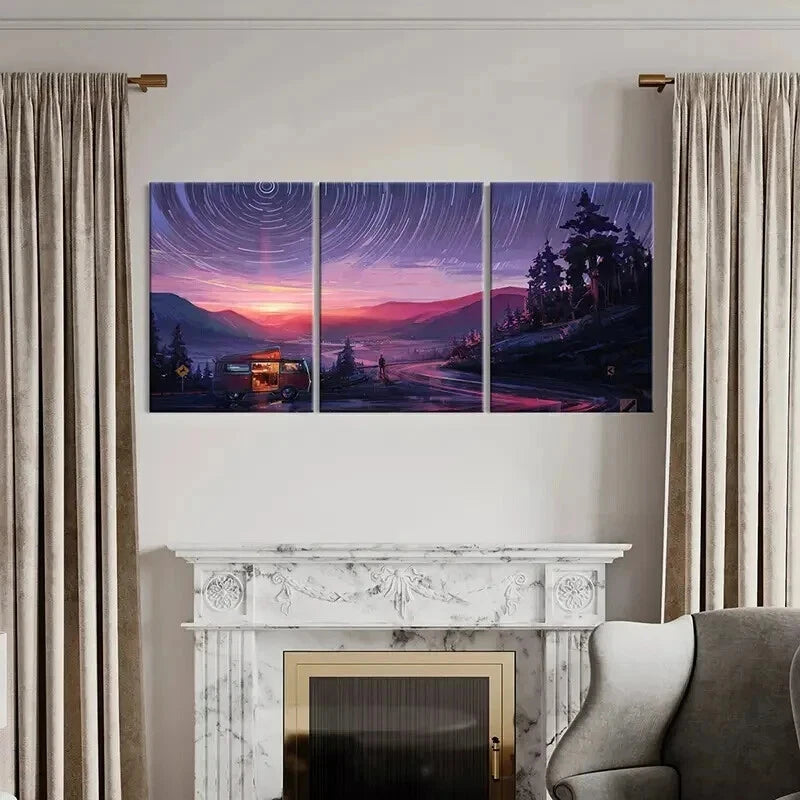 3pcs Anime Scenery Vaporwave Sunset Cars & Road Wall Art Set Canvas Framed 40x60cm - High Quality Print 100% Australian Made Wall Canvas Ready to Hang