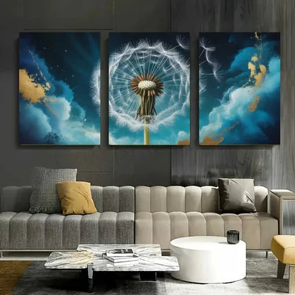 3pcs Dandelion, Blue Abstract Botanical Wall Art Canvas Unframed - High Quality Print 100% Australian Made Wall Canvas