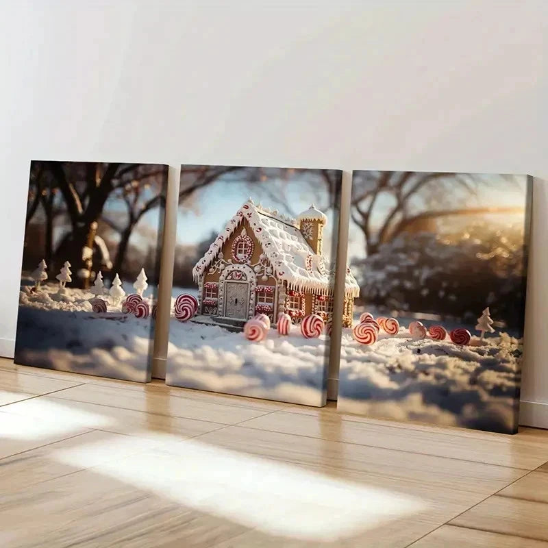 3pcs Christmas Winter Candy House Wall Art Set Canvas Framed 40x60cm - High Quality Print 100% Australian Made Wall Canvas Ready to Hang