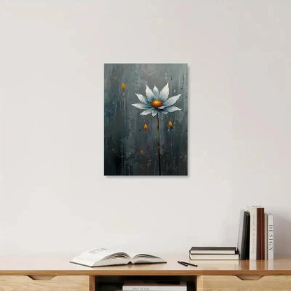 Decorative wall art of a flower on a gray background above a wooden shelf with books.