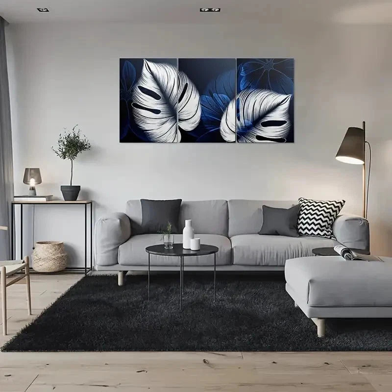 3pcs Blue and White Leaf Patterns Metal Print Ready to Hang Art