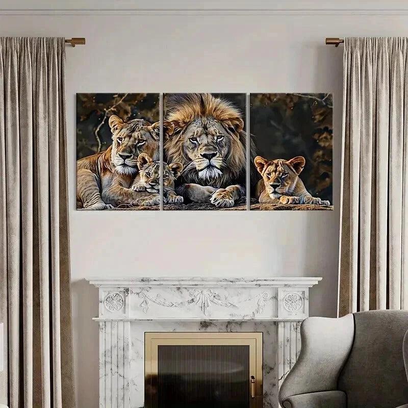 3pcs Lion Family Wildlife Nature Wall Art Set Canvas Framed 60x90cm - High Quality Print 100% Australian Made Wall Canvas Ready to Hang