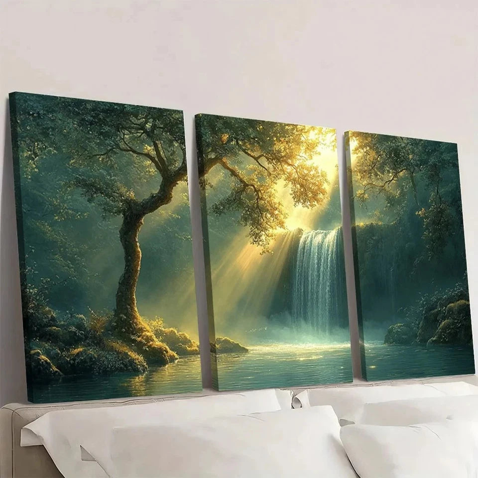 3pcs Green Forest Waterfall Serene Forest Scene Wall Art Set Canvas Framed 60x90cm - High Quality Print 100% Australian Made Wall Canvas Ready to Hang