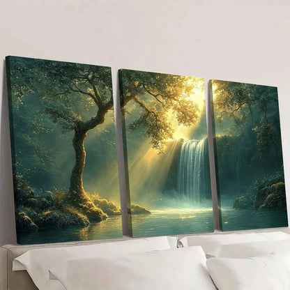 3pcs Green Forest Waterfall Serene Forest Scene Wall Art Set Canvas Framed 60x90cm - High Quality Print 100% Australian Made Wall Canvas Ready to Hang