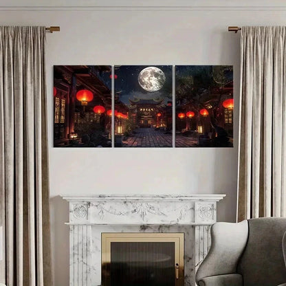 3pcs Traditional Architecture Lantern in Moonlit Wall Art Set Canvas Framed 40x60cm - High Quality Print 100% Australian Made Wall Canvas Ready to Hang