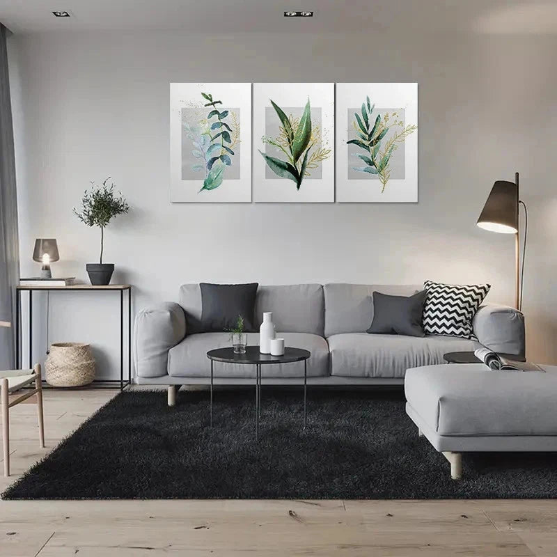 3pcs Abstract Green Leaves Painting Metal Print Ready to Hang Art