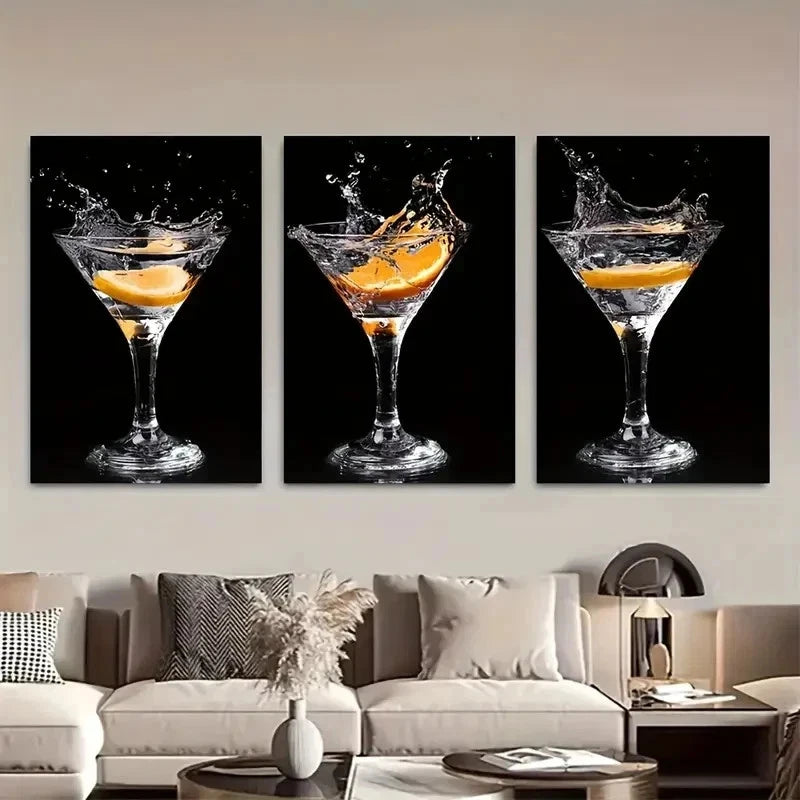 3pcs Martini Drinks with Oranges Triptych Wall Art Set Canvas Framed 60x90cm - High Quality Print 100% Australian Made Wall Canvas Ready to Hang