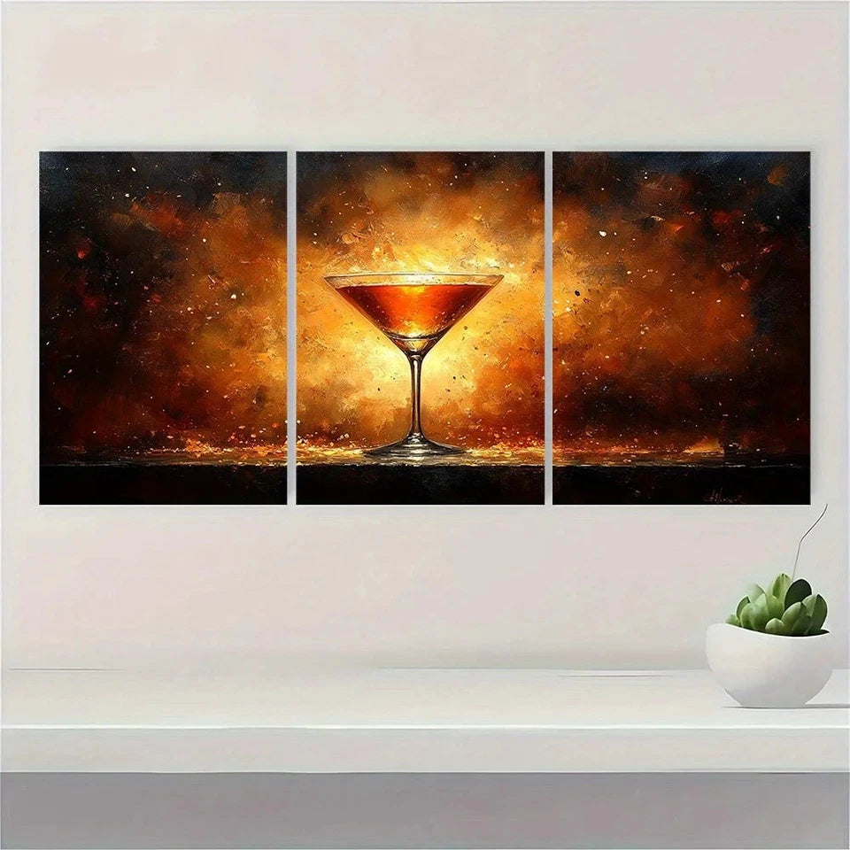 3pcs Alcohol Painting Wine Glass Metal Print Ready to Hang Art