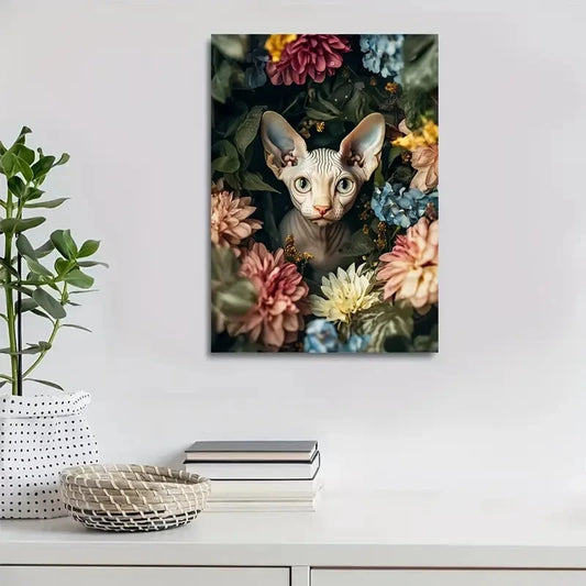 Charming Sphynx Kitten with Vibrant Flowers Painting 40x60cm Metal Print Ready to Hang
