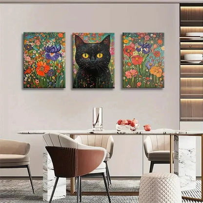 3pcs Feline Black Cat And Floral Garden Wall Art Set Canvas Framed 40x60cm - High Quality Print 100% Australian Made Wall Canvas Ready to Hang