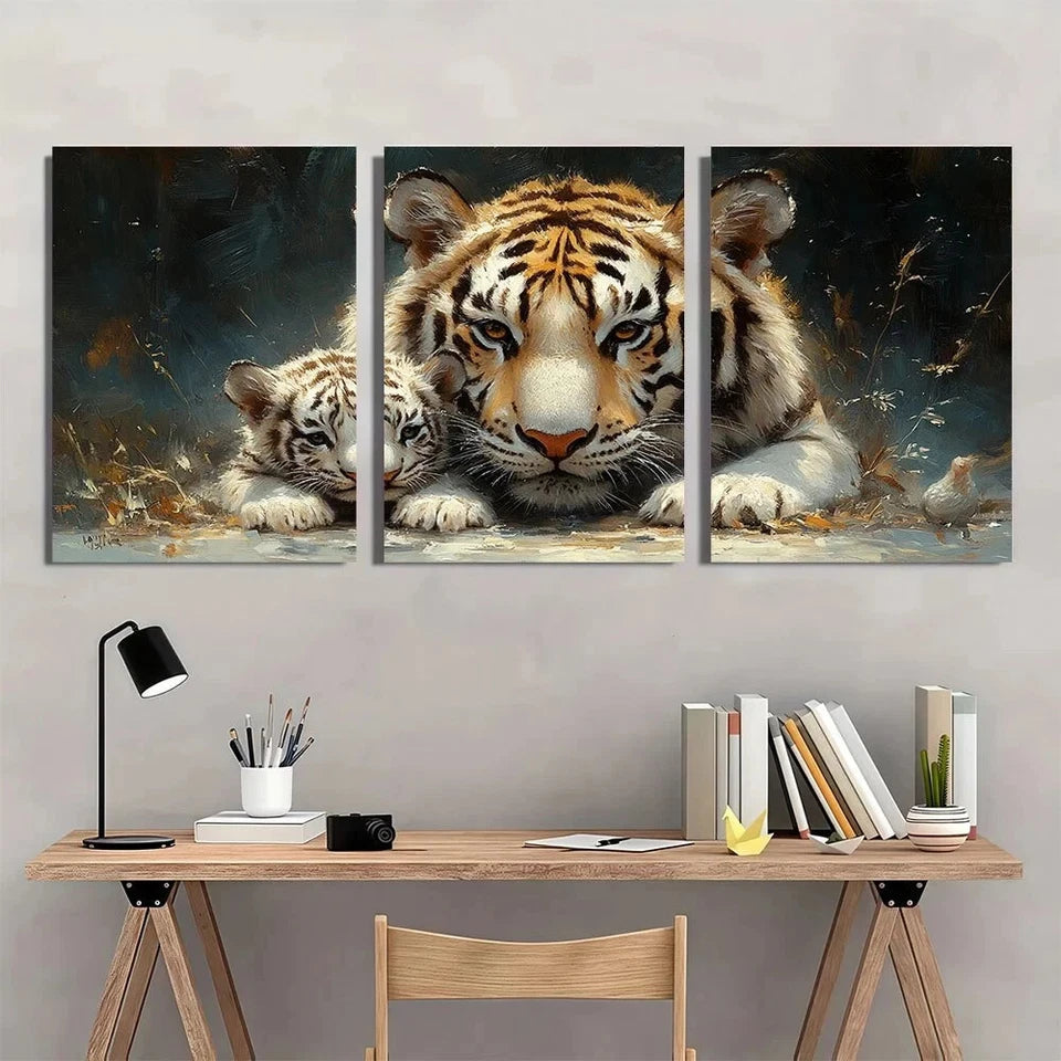 3pcs White Tiger and Cub Majestic Animal Metal Print Ready to Hang Art