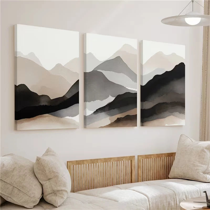 3pcs Mountain Landscape Watercolor Beige Black Wall Art Set Canvas Framed 60x90cm - High Quality Print 100% Australian Made Wall Canvas Ready to Hang