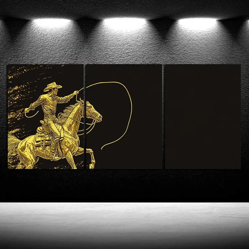 3pcs Black & Gold Man Riding a Horse Metal Print Ready to Hang Art