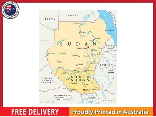 Sudan And South Sudan Political map with details 91x61cm poster AU