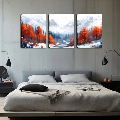 3pcs Red Trees & Misty Valley Snow Perfect Wall Art Set Canvas Framed 40x60cm - High Quality Print 100% Australian Made Wall Canvas Ready to Hang