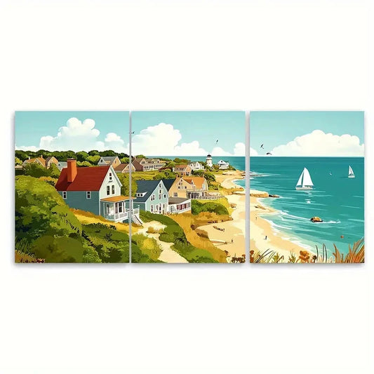 3pcs Scenic Massachusetts Beach & Lighthouse Metal Print Ready to Hang Art