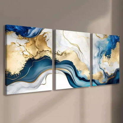 3pcs Abstract Swirls Of Painting In Colors Of Blue & Gold Canvas Framed 60x90cm - High Quality Print 100% Australian Made Wall Canvas Ready to Hang
