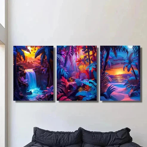 3pcs Tropical Waterfall Jungle Sunset & Beach Wall Art Canvas Unframed - High Quality Print 100% Australian Made Wall Canvas