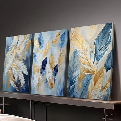 3pcs Abstract Blue And Golden Feather Wall Art Set Canvas Framed 40x60cm – High Quality Print, 100% Australian Made, Ready to Hang