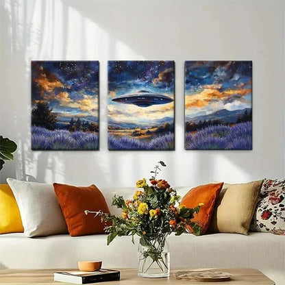 3pcs UFO Spaceship Over Lavender Field Perfect Wall Art Set Canvas Framed 40x60cm - High Quality Print 100% Australian Made Wall Canvas Ready to Hang
