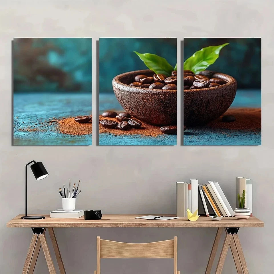 3pcs Vibrant Coffee Bean Green Leaves Metal Print Ready to Hang Art