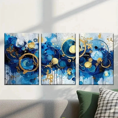 3pcs Abstract Blue & Golden Swirls & Spheres Wall Art Set Canvas Framed 40x60cm - High Quality Print 100% Australian Made Wall Canvas Ready to Hang