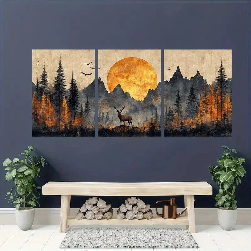 3pcs Rustic Nature Scene Deer Birds & Mountains Metal Print Ready to Hang Art