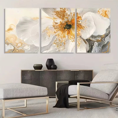 3pcs White Golden Abstract Floral Decor  Wall Art Set Canvas Framed 60x90cm - High Quality Print 100% Australian Made Wall Canvas Ready to Hang