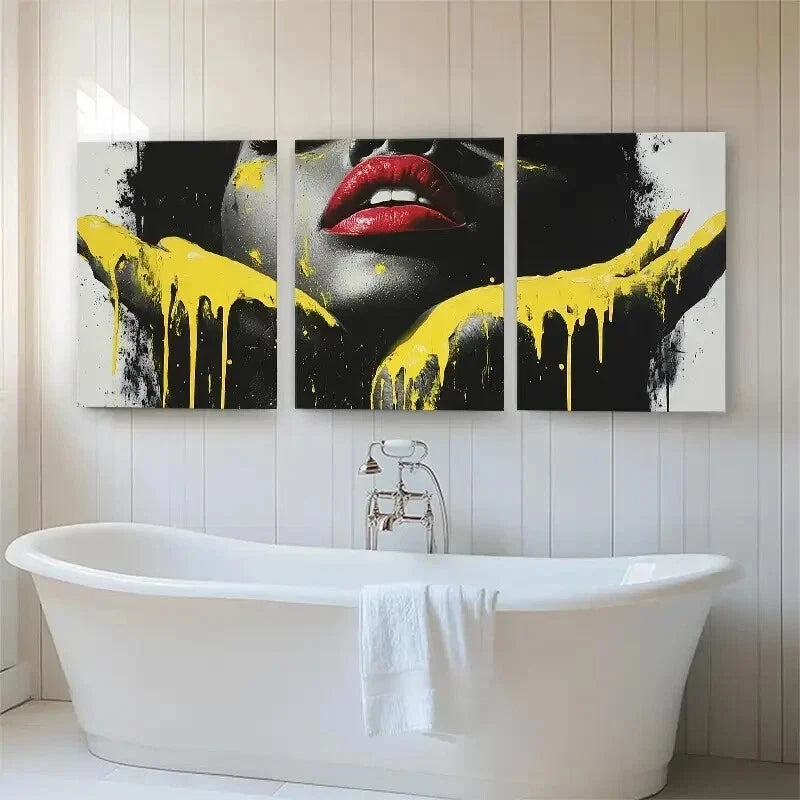 3pcs Abstract Black and Golden Lips Perfect Wall Art Set Canvas Framed 50x70cm - High Quality Print 100% Australian Made Wall Canvas Ready to Hang