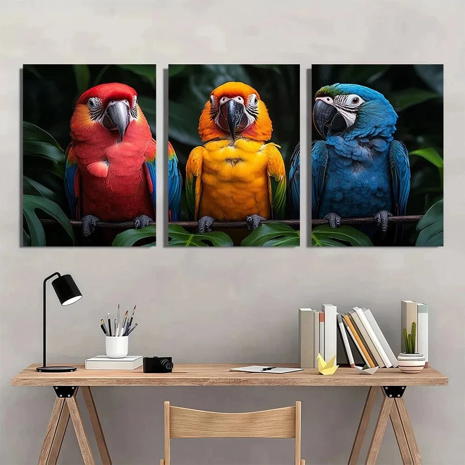 3pcs Vibrant Trio of Parrots Foliage Backg Metal Print Ready to Hang Art