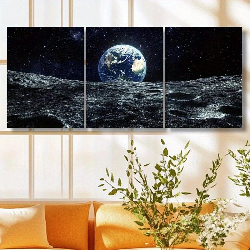3pcs White and Blue Earth & Crescent Moon Metal Print Ready to Hang Art
