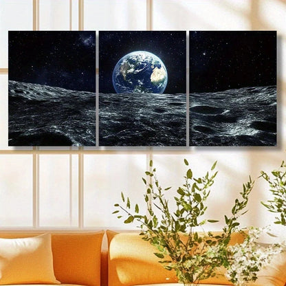 3pcs White and Blue Earth & Crescent Moon Metal Print Ready to Hang Art